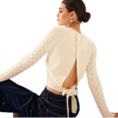 Women’s Elegant Backless Sweater, Button Back Crewneck Knit Top with Tie Detail, Cozy Pullover