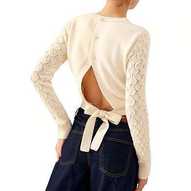 Women’s Elegant Backless Sweater, Button Back Crewneck Knit Top with Tie Detail, Cozy Pullover