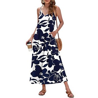 Women's Boho Floral Print Spaghetti Strap Maxi Dress with Pockets for Vacation