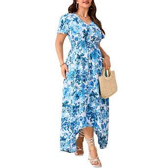 Women's Plus Size V-Neck Short Sleeve Maxi Dress, Smocked Waist High-Low Floral Casual Dress