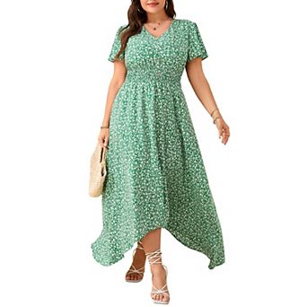 Women's Plus Size V-Neck Short Sleeve Maxi Dress, Smocked Waist High-Low Floral Casual Dress