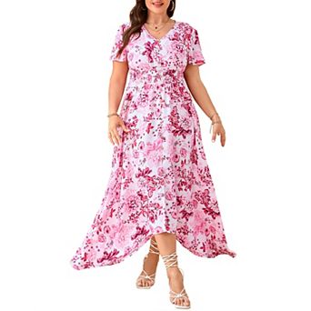 Women's Plus Size V-Neck Short Sleeve Maxi Dress, Smocked Waist High-Low Floral Casual Dress