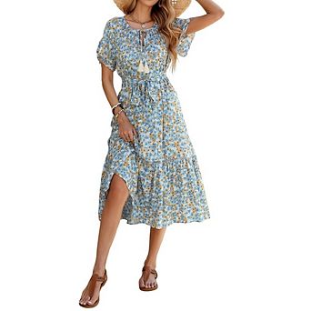 Women's Floral Print Midi Dress Short Sleeve Tie Neck with Waist Belt