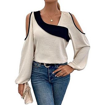 Women's Color Block Cold Shoulder Blouse Long Sleeve Asymmetrical Neck Casual Top