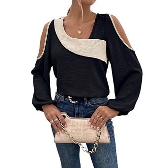 Women's Color Block Cold Shoulder Blouse Long Sleeve Asymmetrical Neck Casual Top