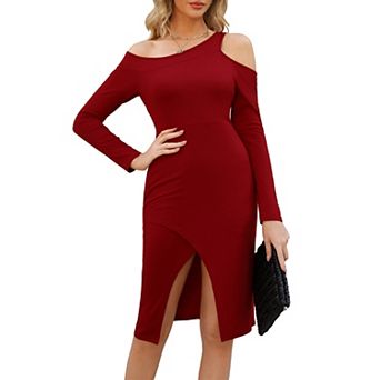 Women's Cold Shoulder Bodycon Midi Dress Long Sleeve with Front Slit