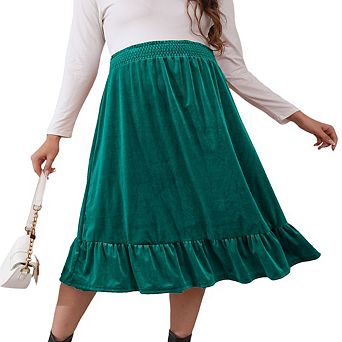 Women's Velvet High Waist Smocked Tiered Maternity Midi Skirt Casual Pregnancy Half Skirt