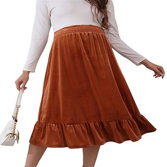 Women's Velvet High Waist Smocked Tiered Maternity Midi Skirt Casual Pregnancy Half Skirt