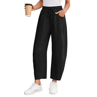 Women's Drawstring Elastic Waisted Wide Leg Casual Palazzo Trousers Sweatpant with Pockets