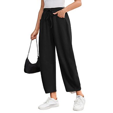 Women's Drawstring Elastic Waisted Wide Leg Casual Palazzo Trousers Sweatpant with Pockets