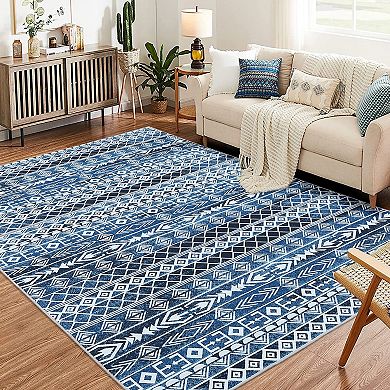 Modern Geometric Area Rug, Soft Plush Faux Wool Floor Carpet, Machine Washable Non Slip