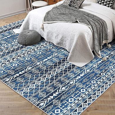 Modern Geometric Area Rug, Soft Plush Faux Wool Floor Carpet, Machine Washable Non Slip