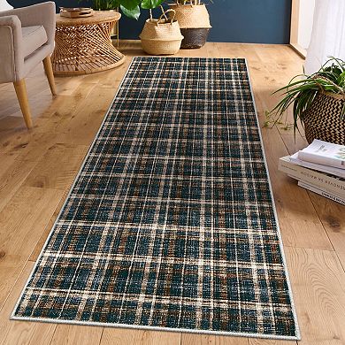 Plaid Rug Runner, Washable Runner Rug Non Slip Hallway Runners Indoor Distressed Kitchen