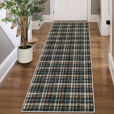Plaid Rug Runner, Washable Runner Rug Non Slip Hallway Runners Indoor Distressed Kitchen