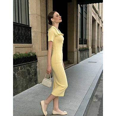 Women Knit Dress Short Sleeve Collared Button Neck Elegant Dress