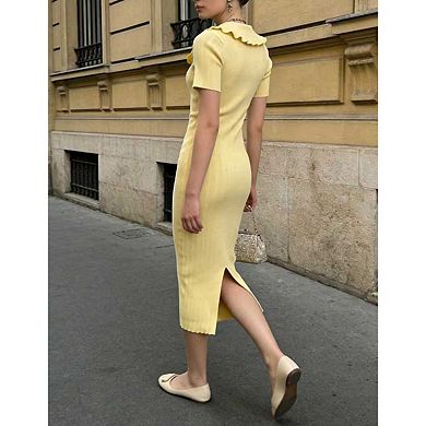 Women Knit Dress Short Sleeve Collared Button Neck Elegant Dress