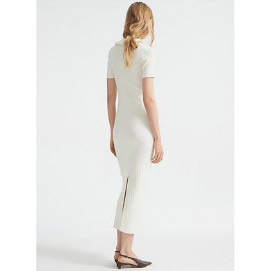 Women Knit Dress Short Sleeve Collared Button Neck Elegant Dress