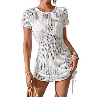 Women's Crochet Knit Cover Up Dress Short Sleeve with Drawstring Swimwear Bikini Dress