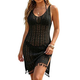 Women's Crochet Knit Cover Up Dress Mesh Sleeveless Bikini Dress with Tassel Hem
