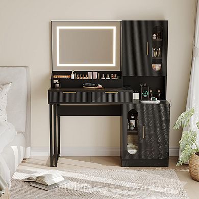 Fluted Wooden Makeup Vanity Desk, LED Lighted Mirror Dressing Table with Charging Station