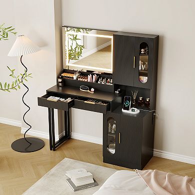 Fluted Wooden Makeup Vanity Desk, LED Lighted Mirror Dressing Table with Charging Station