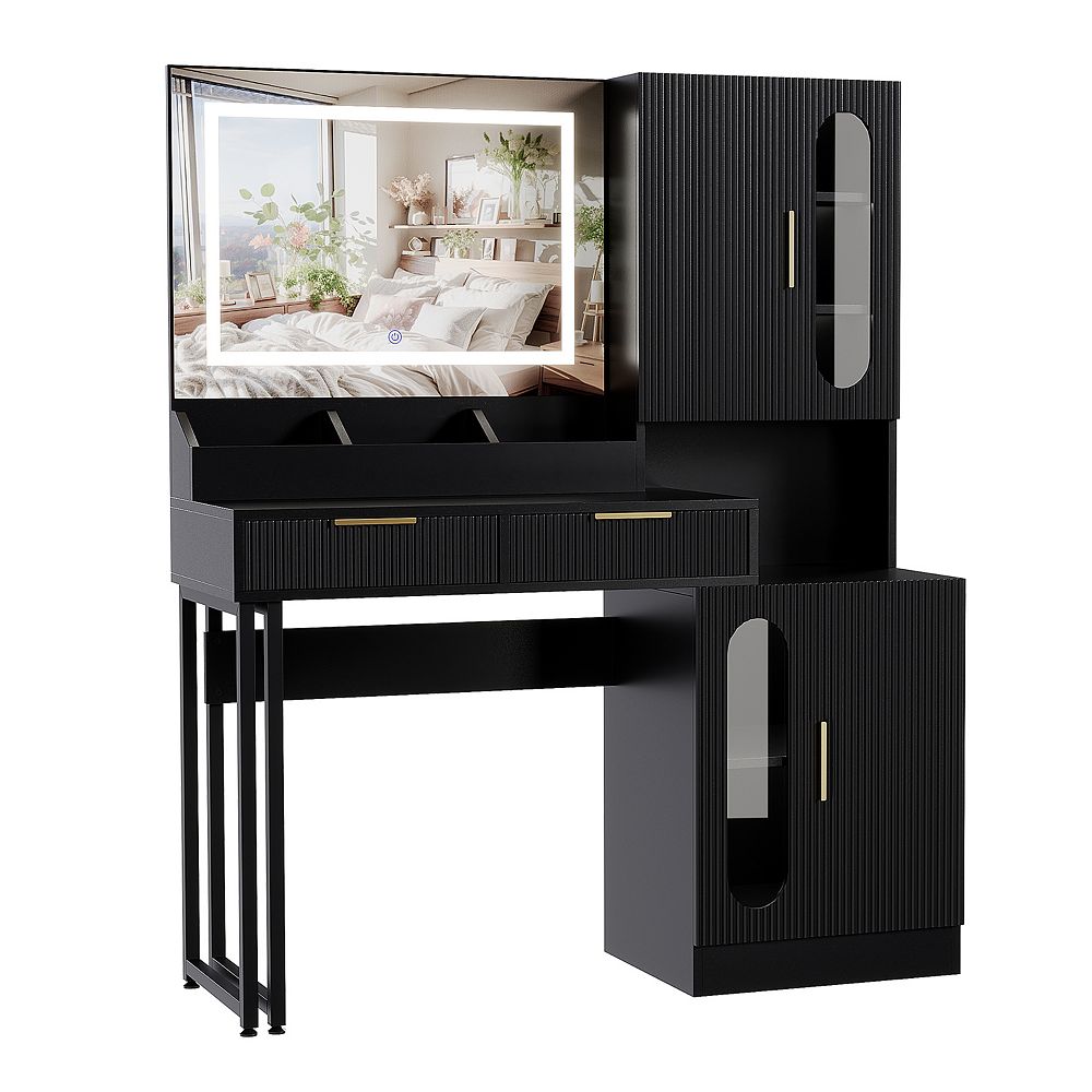 Fluted Wooden Makeup Vanity Desk, LED Lighted Mirror Dressing