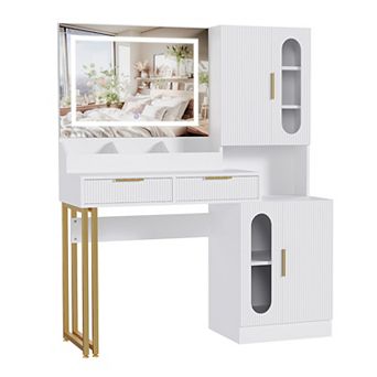 Fluted Wooden Makeup Vanity Desk, LED Lighted Mirror Dressing Table with Charging Station