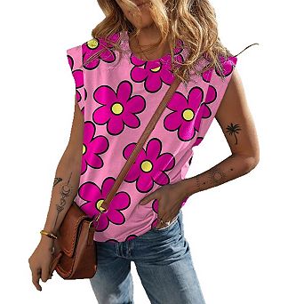 Women's Short Sleeve Floral Round Neck Cap Sleeve Casual Summer t Shirt