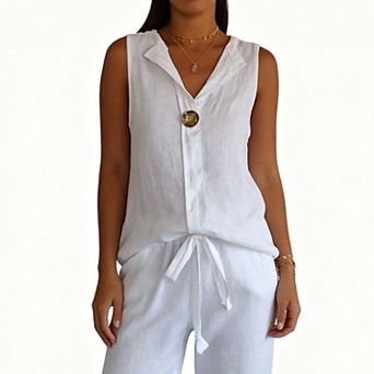 Women's Notched V Neck Sleeveless Blouse, One Button Front Loose Fit Casual Linen‑Textured Shirt Top