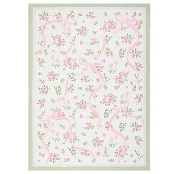 Washable Floral & Bow Area Rug, Non-Slip Ultra-Thin Botanical Carpet for Living Room Bedroom Lobby