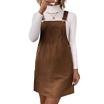 Women's Adjustable Strap Corduroy Overall Sleeveless A Line Pinafore Mini Dress Skirt with Pocket