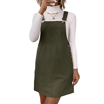 Women's Adjustable Strap Corduroy Overall Sleeveless A Line Pinafore Mini Dress Skirt with Pocket