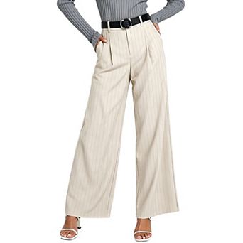 Women's High Waisted Pinstripe Wide Leg Trousers — Pleated Office Pants with Belt