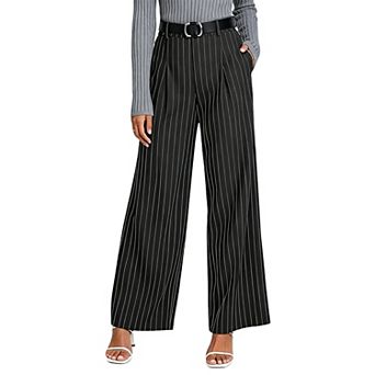 Women's High Waisted Pinstripe Wide Leg Trousers — Pleated Office Pants with Belt