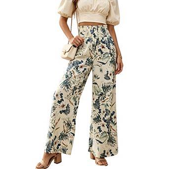Women's Floral Wide Leg Pants — High Waisted Smocked Summer Beach Trousers