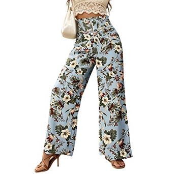 Women's Floral Wide Leg Pants — High Waisted Smocked Summer Beach Trousers
