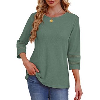 3/4 Sleeve Tops for Women Waffle Knit Blouse Crewneck Pullover Tees Patchwork Shirts