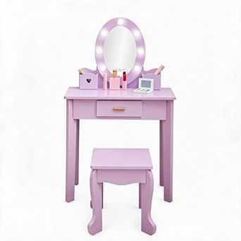 Children Wooden Vanity Table Set, Illuminated Mirror Princess Dressing Table with Chair