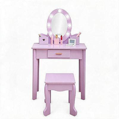 wooden princess dressing table Kids Vanity Desk Set with Mirror and Lights, Princess Wooden Makeup Vanity with Chair, Storage Shelves and Drawers, 2-in-1 Girls Dressing Table, White