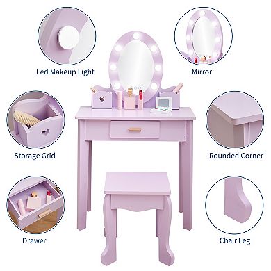 Children Wooden Vanity Table Set, Illuminated Mirror Princess Dressing Table with Chair