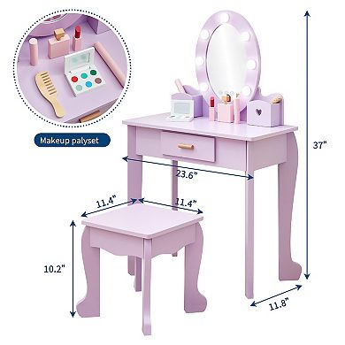 Children Wooden Vanity Table Set, Illuminated Mirror Princess Dressing Table with Chair