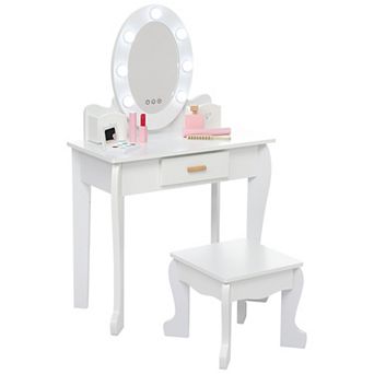 Children Wooden Vanity Table Set, Illuminated Mirror Princess Dressing Table with Chair