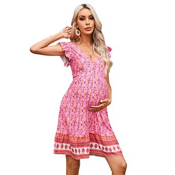 Maternity V-Neck Ruffle Sleeve Mini Dress, Pocketed Boho Print Casual Dress