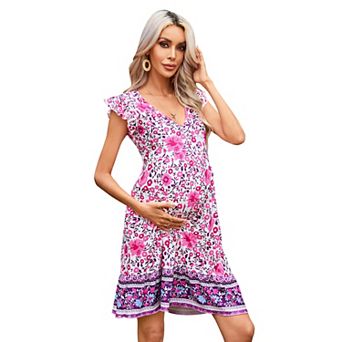Maternity V-Neck Ruffle Sleeve Mini Dress, Pocketed Boho Print Casual Dress