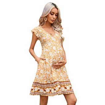 Maternity V-Neck Ruffle Sleeve Mini Dress, Pocketed Boho Print Casual Dress