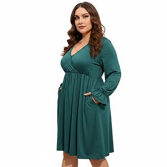 Women's V-Neck Ruffle Sleeve Mini Dress, Pocketed Casual Dress