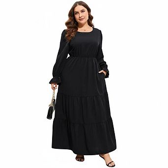 Women's Round Neck Puff Sleeve Maxi Dress, Tiered Ruffle Pocketed Dress