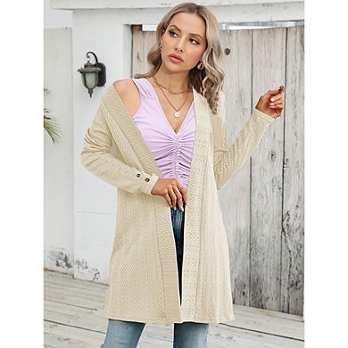Women's Long Open Front Cardigan, Textured Knit Long Sleeve Casual Coat, Sweater with Button Cuffs