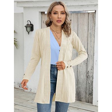 Women's Long Open Front Cardigan, Textured Knit Long Sleeve Casual Coat, Sweater with Button Cuffs