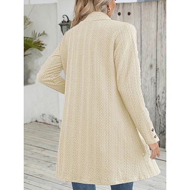 Women's Long Open Front Cardigan, Textured Knit Long Sleeve Casual Coat, Sweater with Button Cuffs